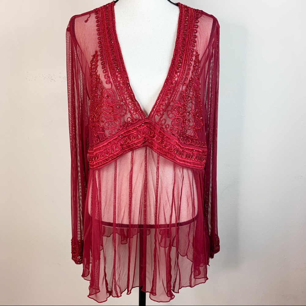 Burgundy Sheer Long Sleeve Blouse Swim Cover Up